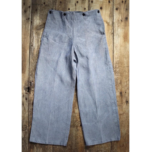 Vintage 1950s 60s French linen trousers - military workwear - sailor pants - wide leg - fall front - 28” x 27” - Marine Nationale