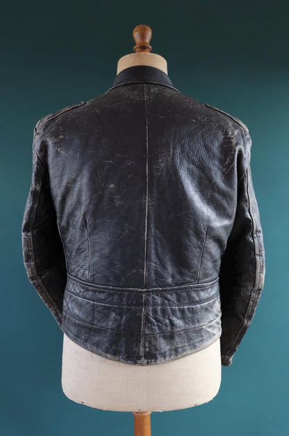 Vintage 1980s British black leather cafe racer jacket - 38” chest