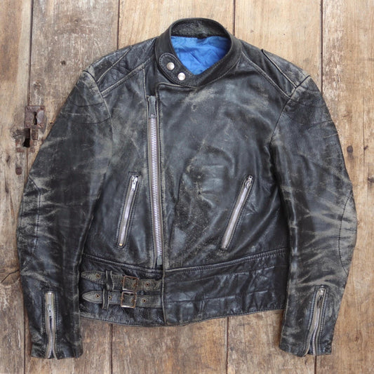 Vintage 1980s British black leather cafe racer jacket - 38” chest