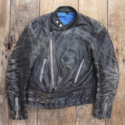 Vintage 1980s British black leather cafe racer jacket - 38” chest