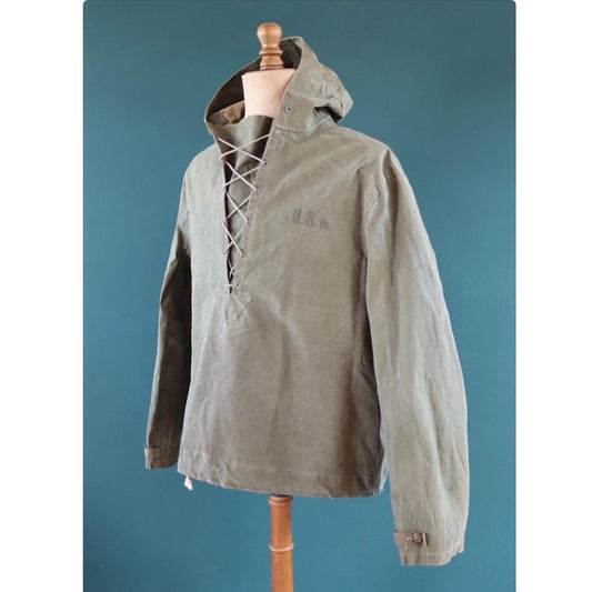 Vintage 1940s US Navy foul weather smock - USN stencilled deck jacket - military parka - 50” chest