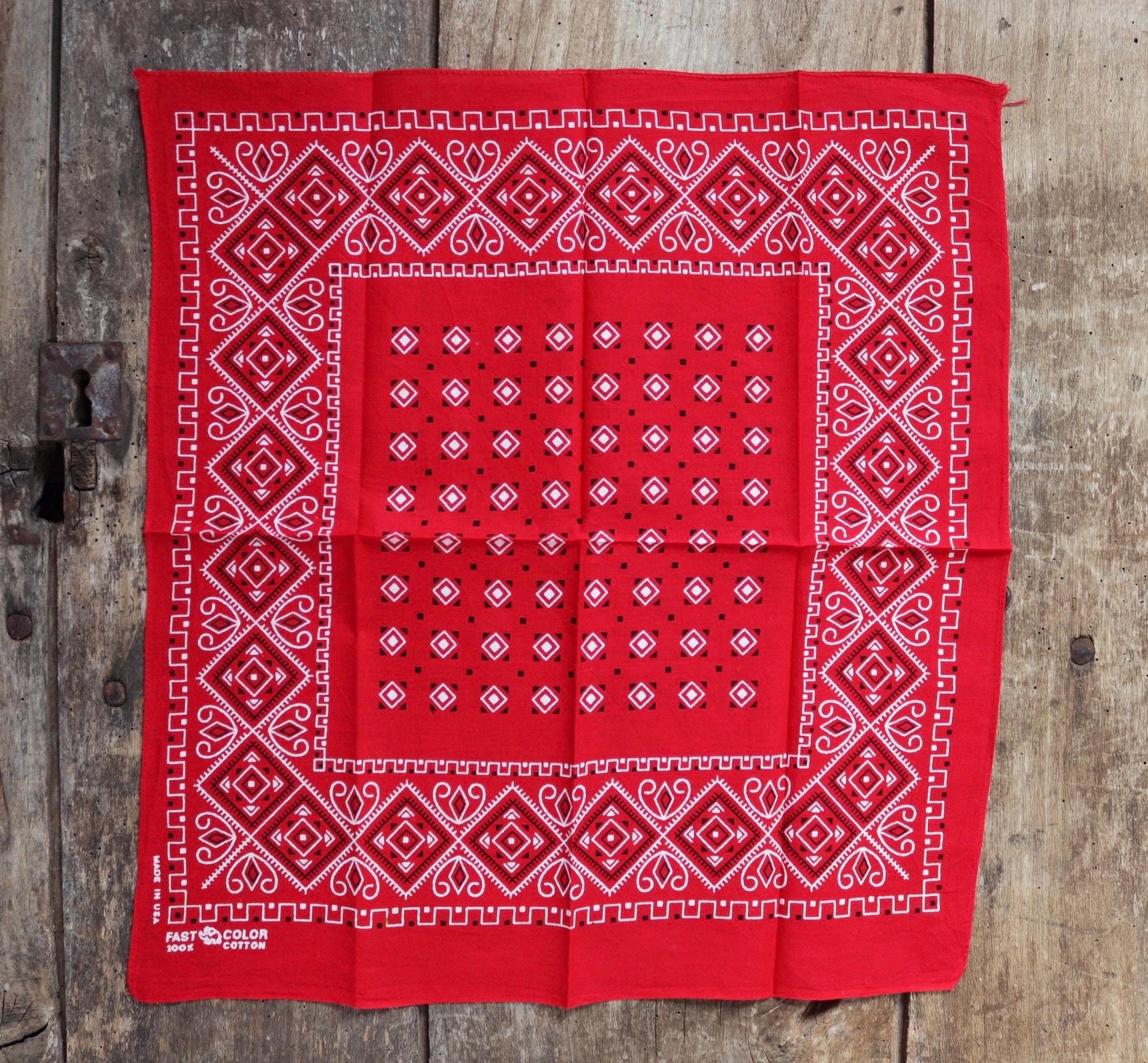 Vintage 1960s red cotton bandana - trunk up Elephant brand - colourfast neckerchief - squash blossom design - Davis and Catterall