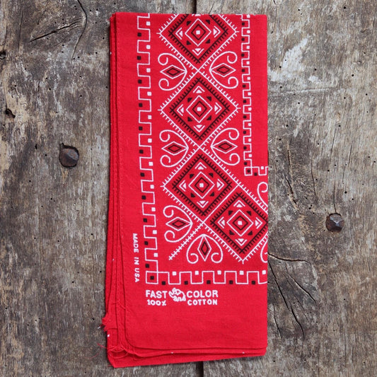 Vintage 1960s red cotton bandana - trunk up Elephant brand - colourfast neckerchief - squash blossom design - Davis and Catterall