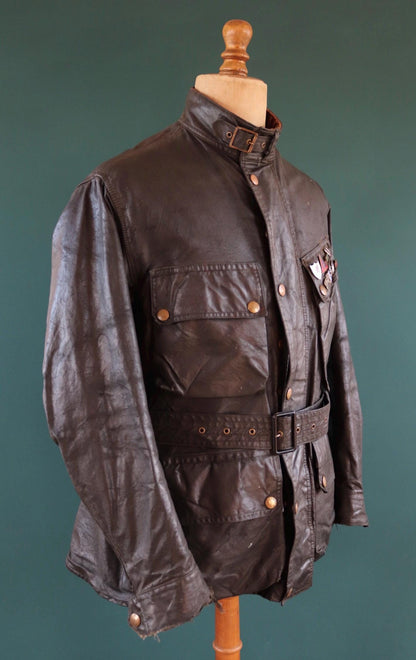Vintage 1950s Belstaff Trialmaster jacket - waxed cotton motorcycle - 49" chest - Isle of Man enamel pin badges