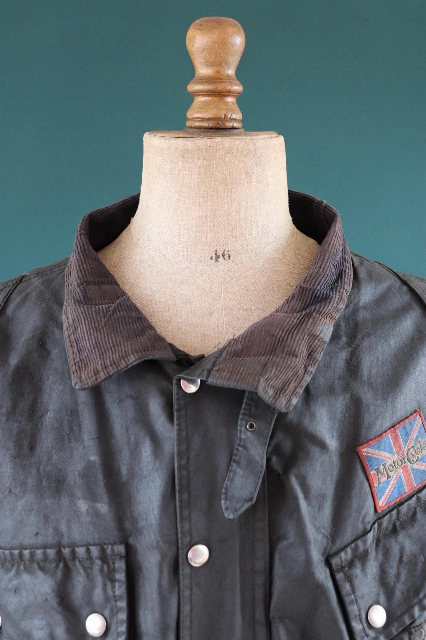 Vintage 1970s 80s black waxed cotton motorcycle jacket - 54" chest - motorcycle club patch