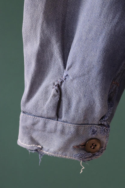 Vintage French blue workwear jacket - 1960s chore coat - 45” chest - bleu de travail - whisker fade - blue cotton twill