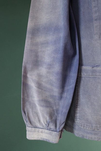 Vintage French blue workwear jacket - 1960s chore coat - 45” chest - bleu de travail - whisker fade - blue cotton twill