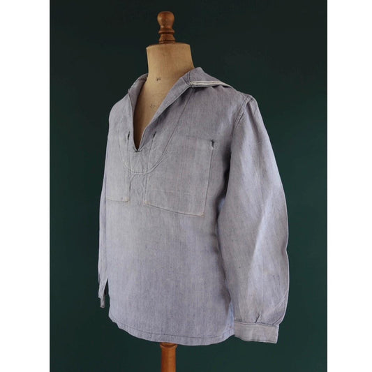 Vintage French linen shirt - 1950s Marine Nationale - Navy crackerjack bib jumper - 45” chest - military workwear - sailor top