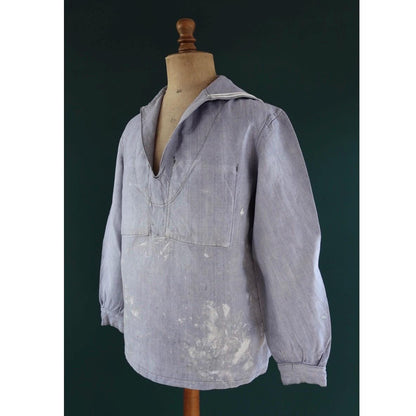 Vintage French linen shirt - 1960s Marine Nationale - Navy crackerjack bib jumper - 44” chest - military workwear - sailor top