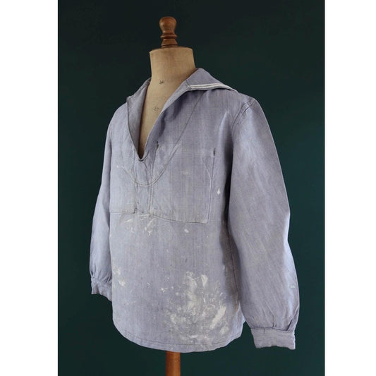 Vintage French linen shirt - 1960s Marine Nationale - Navy crackerjack bib jumper - 44” chest - military workwear - sailor top
