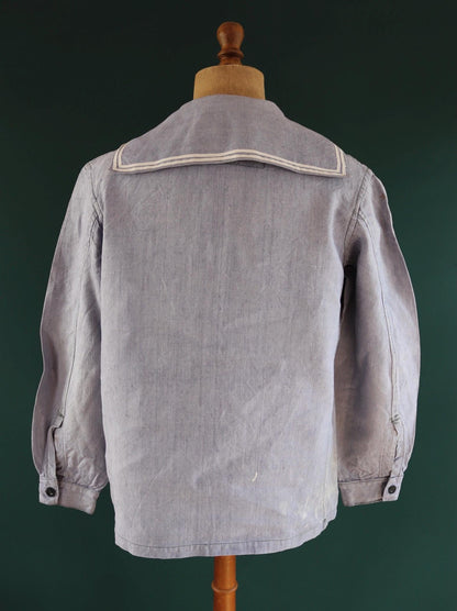 Vintage French linen shirt - 1960s Marine Nationale - Navy crackerjack bib jumper - 44” chest - military workwear - sailor top