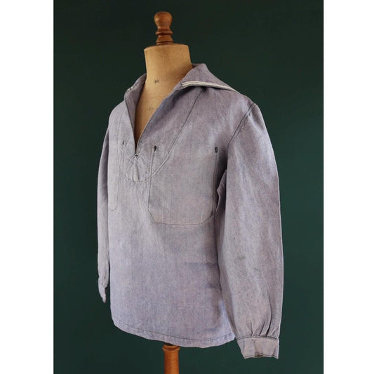Vintage French linen shirt - 1950s Marine Nationale - Navy crackerjack bib jumper - 44” chest - military workwear - sailor top