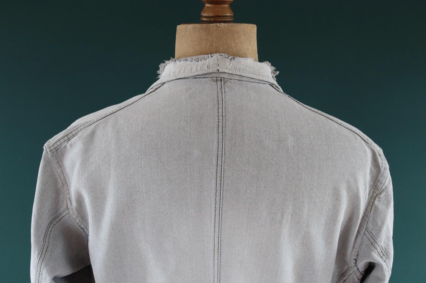 Vintage 1950s 60s French workwear jacket - selvedge overalls - salt pepper grey long belted coat - 46” chest - distressed and repaired
