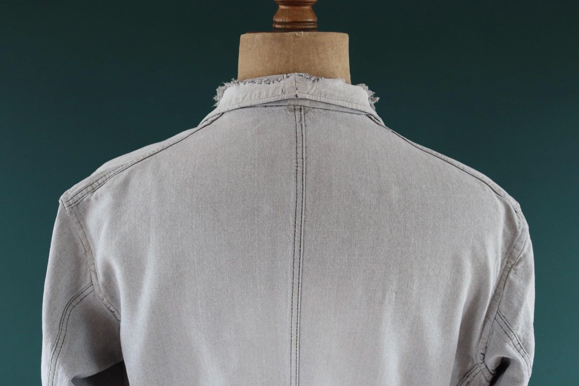 Vintage 1950s 60s French workwear jacket - selvedge overalls - salt pepper grey long belted coat - 46” chest - distressed and repaired