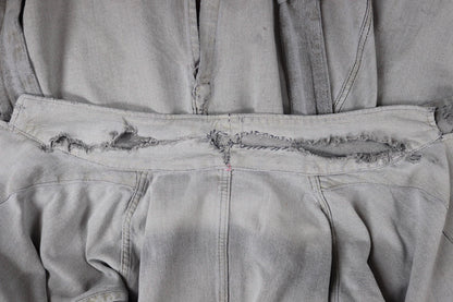 Vintage 1950s 60s French workwear jacket - selvedge overalls - salt pepper grey long belted coat - 46” chest - distressed and repaired