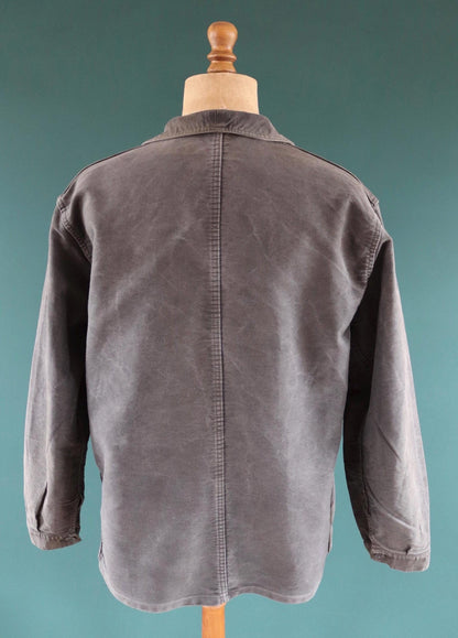 Vintage French black moleskin workwear jacket - 1960s chore coat - sun faded - 52” chest