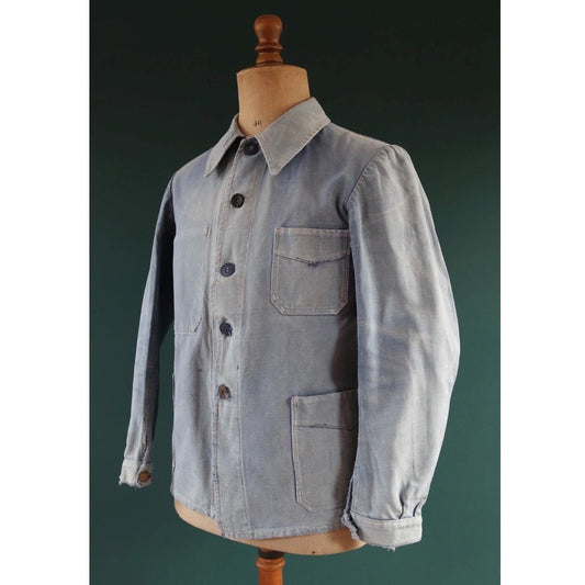 Vintage 1940s French blue workwear jacket - faded cotton twill - 41” chest - bleu de travail