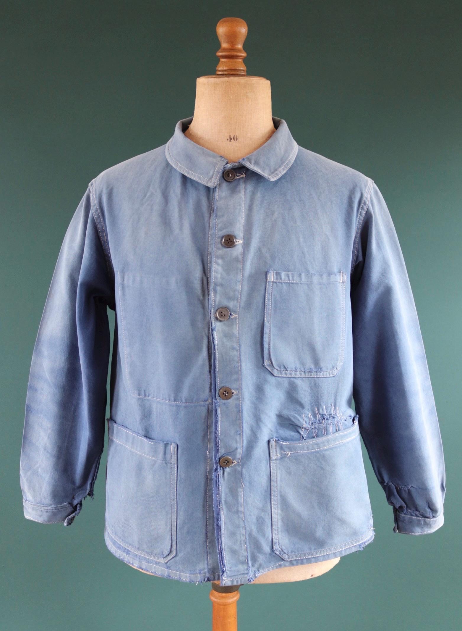 Vintage French blue workwear jacket - 1950s cotton twill - 44” chest - bleu de travail