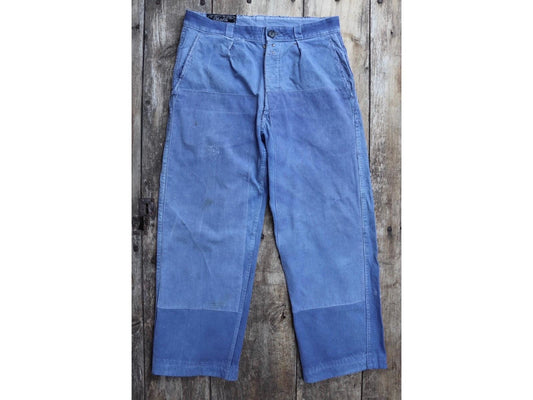 Vintage French workwear trousers - patched and repaired - blue cotton twill pants - 1950s chore - 32” x 27”