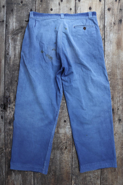 Vintage French workwear trousers - patched and repaired - blue cotton twill pants - 1950s chore - 32” x 27”