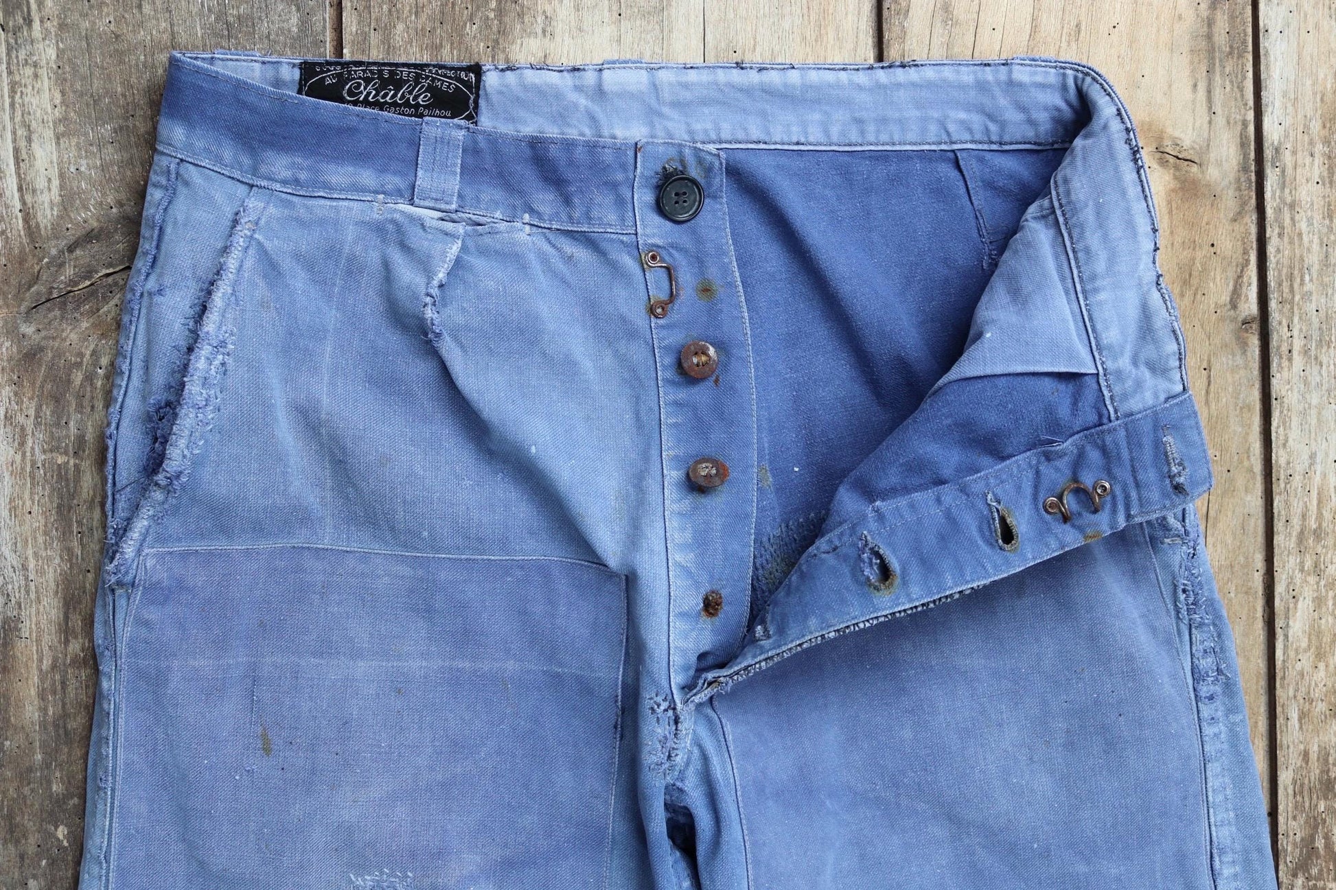 Vintage French workwear trousers - patched and repaired - blue cotton twill pants - 1950s chore - 32” x 27”