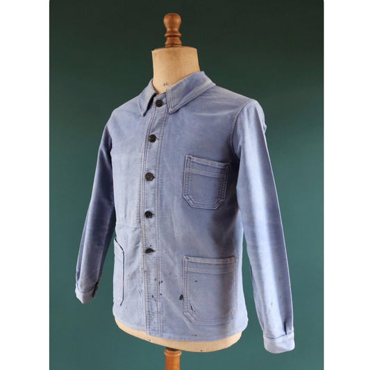 Vintage French blue moleskin workwear jacket - sun faded chore coat - 40” chest - bleu de travail