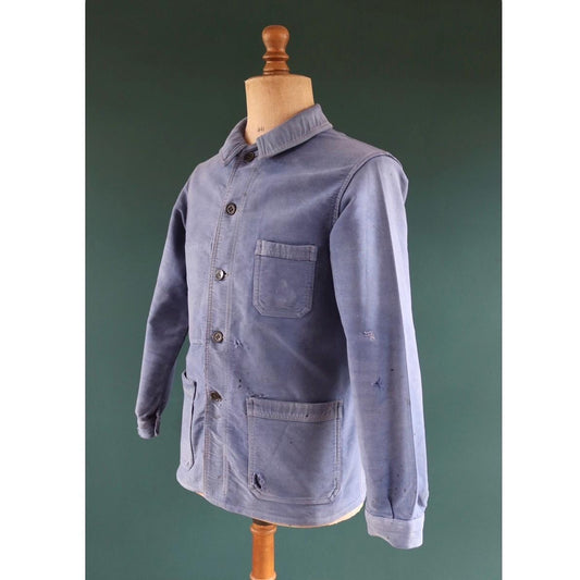 Vintage French blue moleskin workwear jacket - sun faded chore coat - 41” chest - bleu de travail