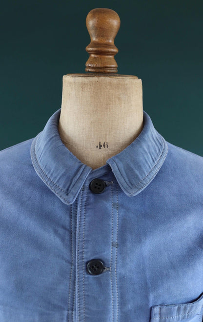 Vintage French blue moleskin workwear jacket - sun faded chore coat - 41” chest - bleu de travail