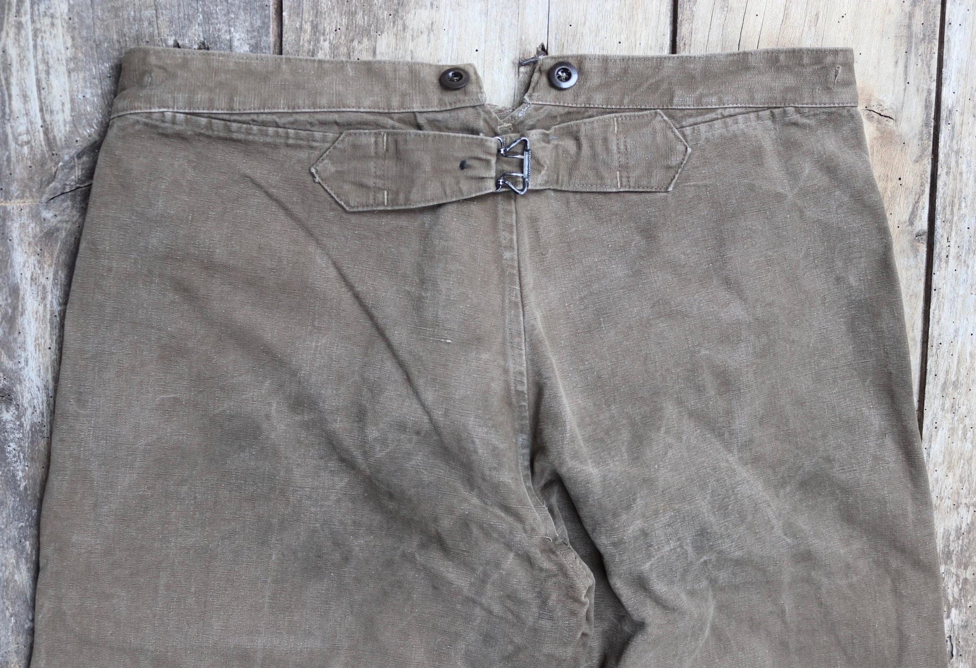 Vintage 1950s French brown cotton workwear trousers - chore pants - 36” x 26” - buckle back