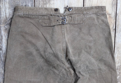 Vintage 1950s French brown cotton workwear trousers - chore pants - 36” x 26” - buckle back
