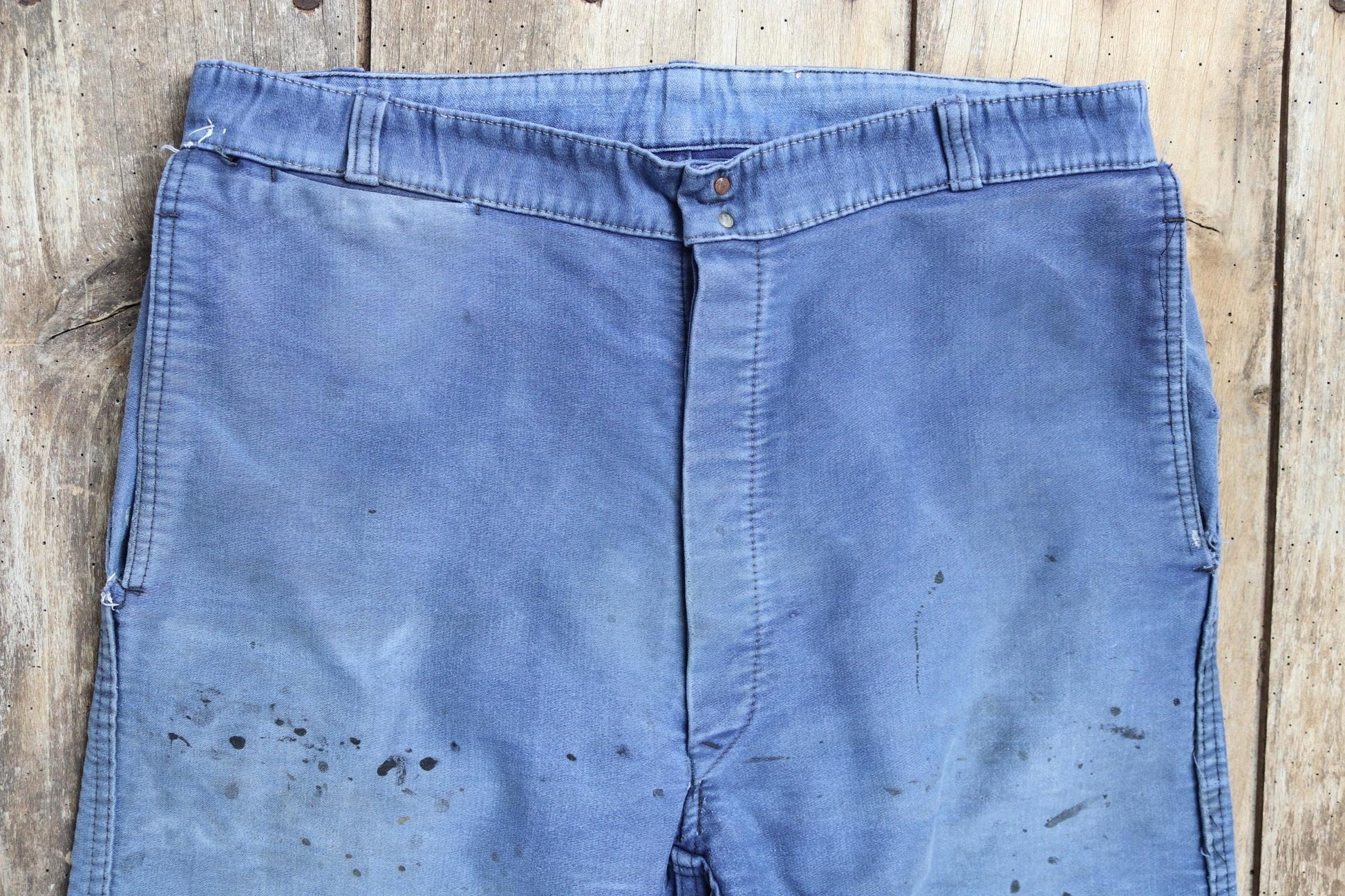 Vintage 1950s French workwear trousers - Le Mont St Michel chore pants - blue moleskin - 34” x 27”