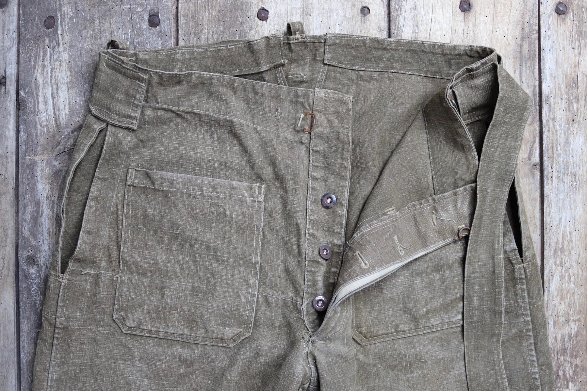 Vintage 1930s French linen M38 dispatch rider overalls - WW2 military trousers - 37” x 28”