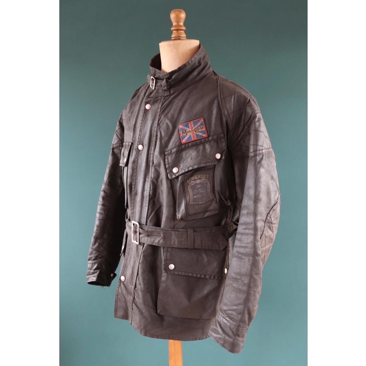 Vintage 1970s 80s black waxed cotton motorcycle jacket - 54" chest - motorcycle club patch