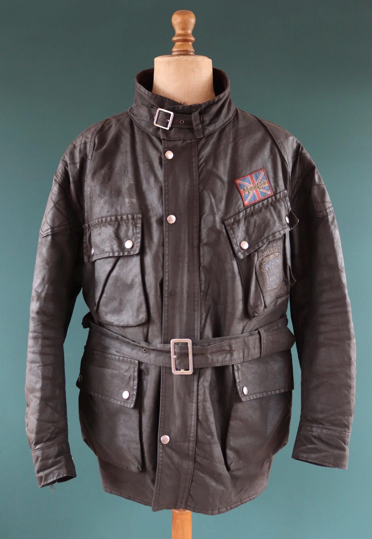 Vintage 1970s 80s black waxed cotton motorcycle jacket - 54" chest - motorcycle club patch