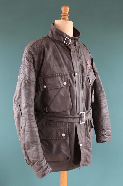 Vintage 1970s 80s black waxed cotton motorcycle jacket - 54" chest - motorcycle club patch