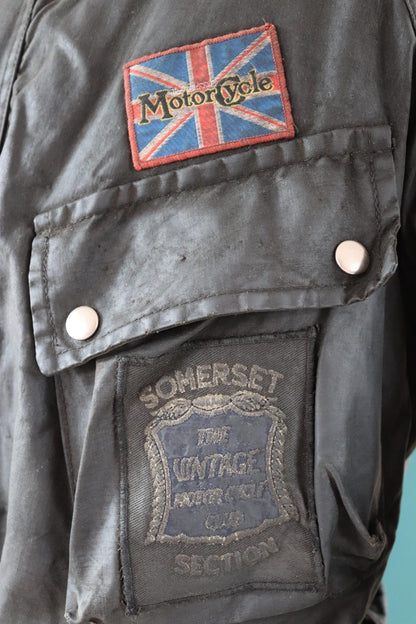 Vintage 1970s 80s black waxed cotton motorcycle jacket - 54" chest - motorcycle club patch