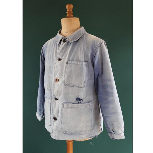 Vintage French blue workwear jacket - 1960s chore coat - 44” chest - whisker fade - bleu de travail - blue cotton twill