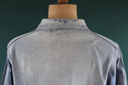 Vintage French blue workwear jacket - 1960s chore coat - 45” chest - bleu de travail - whisker fade - blue cotton twill