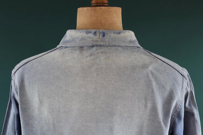 Vintage French blue workwear jacket - 1960s chore coat - 45” chest - bleu de travail - whisker fade - blue cotton twill