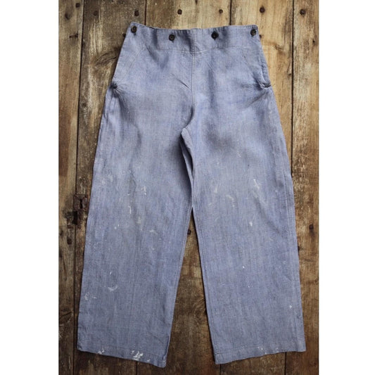 Vintage 1950s French linen trousers - military workwear - sailor pants - wide leg - fall front - 29” x 27” - Marine Nationale