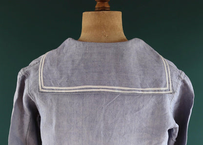 Vintage French linen shirt - 1950s Marine Nationale - Navy crackerjack bib jumper - 45” chest - military workwear - sailor top