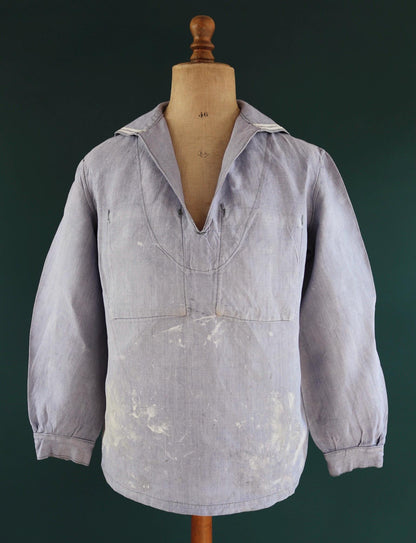 Vintage French linen shirt - 1960s Marine Nationale - Navy crackerjack bib jumper - 44” chest - military workwear - sailor top