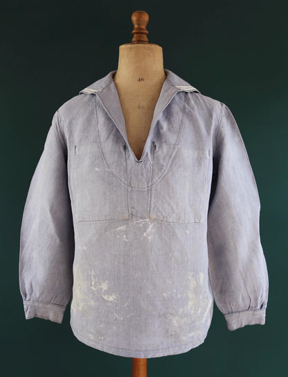 Vintage French linen shirt - 1960s Marine Nationale - Navy crackerjack bib jumper - 44” chest - military workwear - sailor top