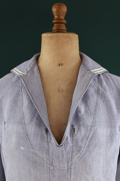 Vintage French linen shirt - 1960s Marine Nationale - Navy crackerjack bib jumper - 44” chest - military workwear - sailor top