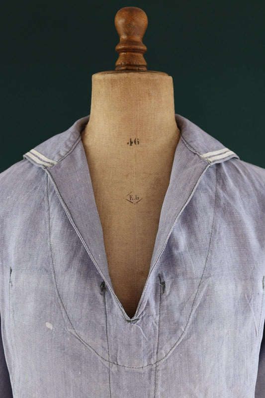 Vintage French linen shirt - 1960s Marine Nationale - Navy crackerjack bib jumper - 44” chest - military workwear - sailor top