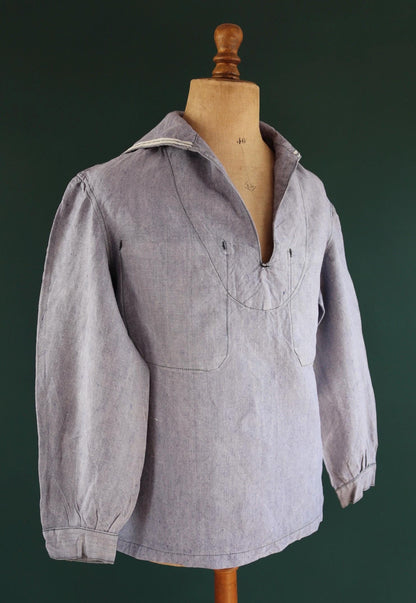 Vintage French linen shirt - 1950s Marine Nationale - Navy crackerjack bib jumper - 44” chest - military workwear - sailor top