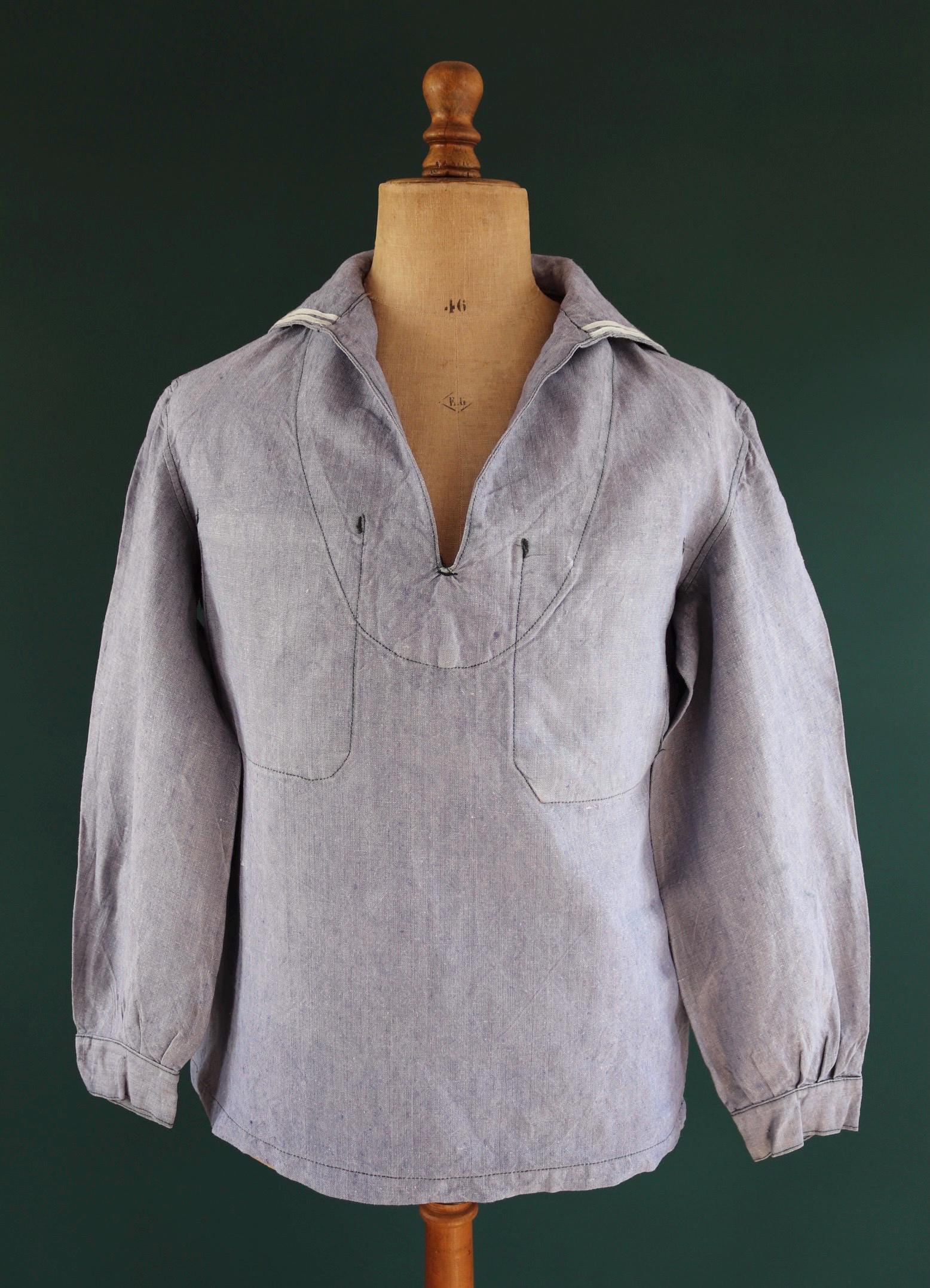 Vintage French linen shirt - 1950s Marine Nationale - Navy crackerjack bib jumper - 44” chest - military workwear - sailor top