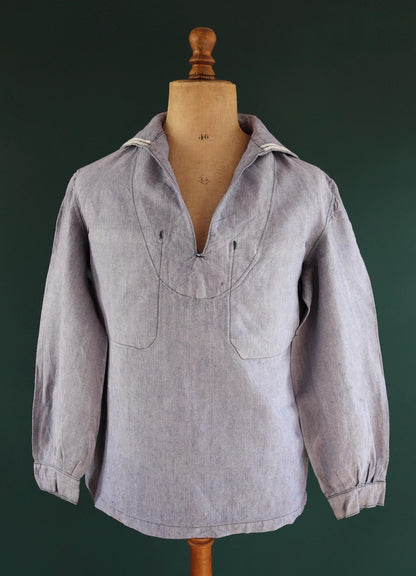 Vintage French linen shirt - 1950s Marine Nationale - Navy crackerjack bib jumper - 44” chest - military workwear - sailor top