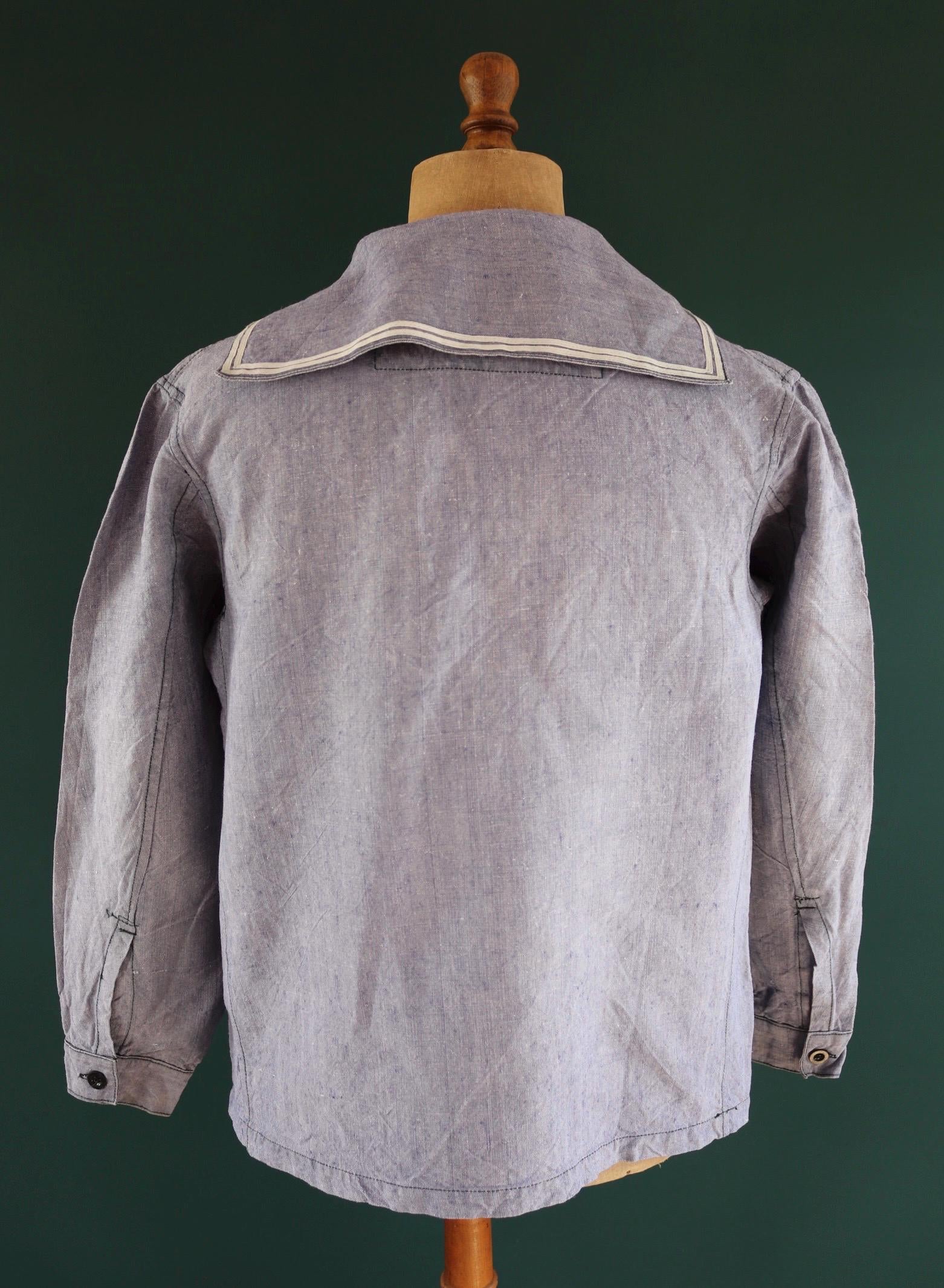 Vintage French linen shirt - 1950s Marine Nationale - Navy crackerjack bib jumper - 44” chest - military workwear - sailor top