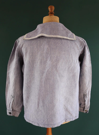 Vintage French linen shirt - 1950s Marine Nationale - Navy crackerjack bib jumper - 44” chest - military workwear - sailor top